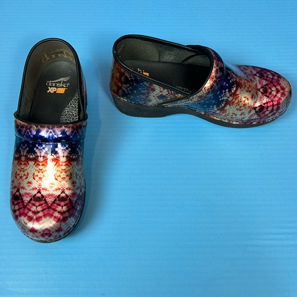 Dansko Multicolor Tie-Dye Patent Clogs